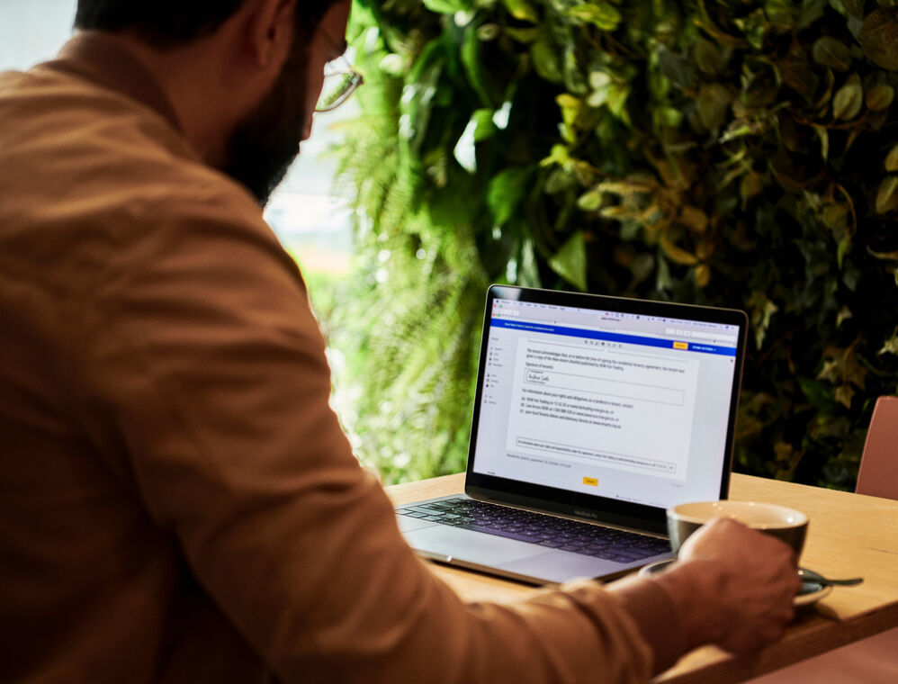 A Person working on a laptop in fron of a green scenery.